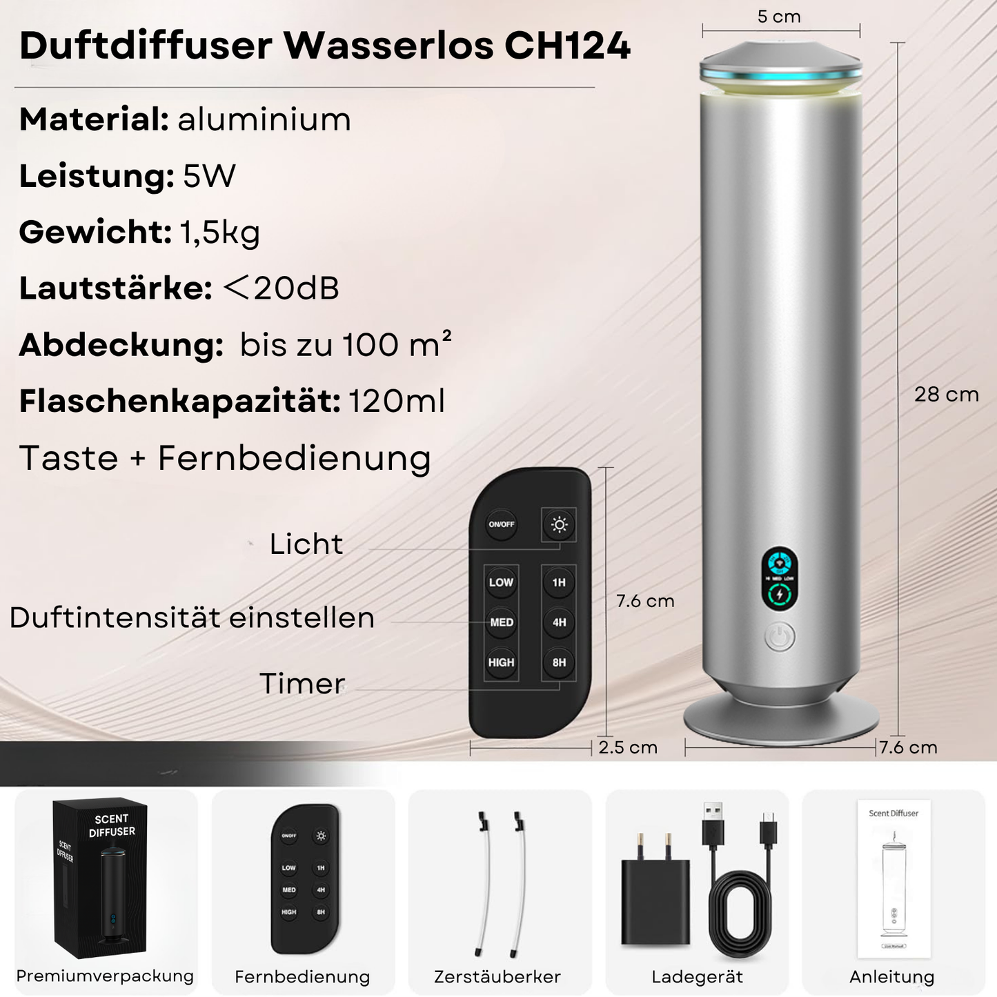 Duftdiffuser Wasserlos Fernbedienung CH123 Silber <100 m2