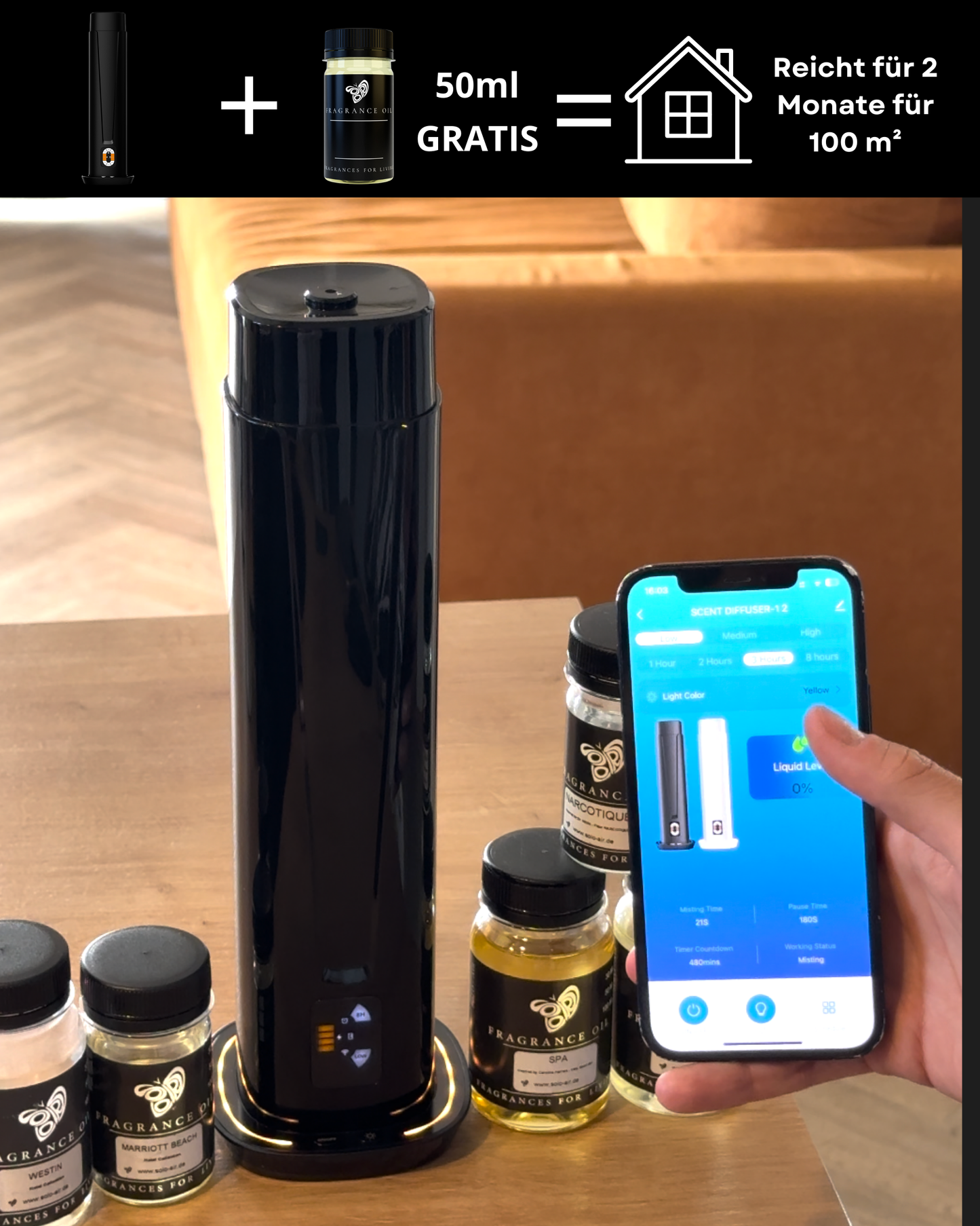 Aroma Diffuser Wasserlos WI-FI/Fernbedienung CH101 Schwarz <100 m2