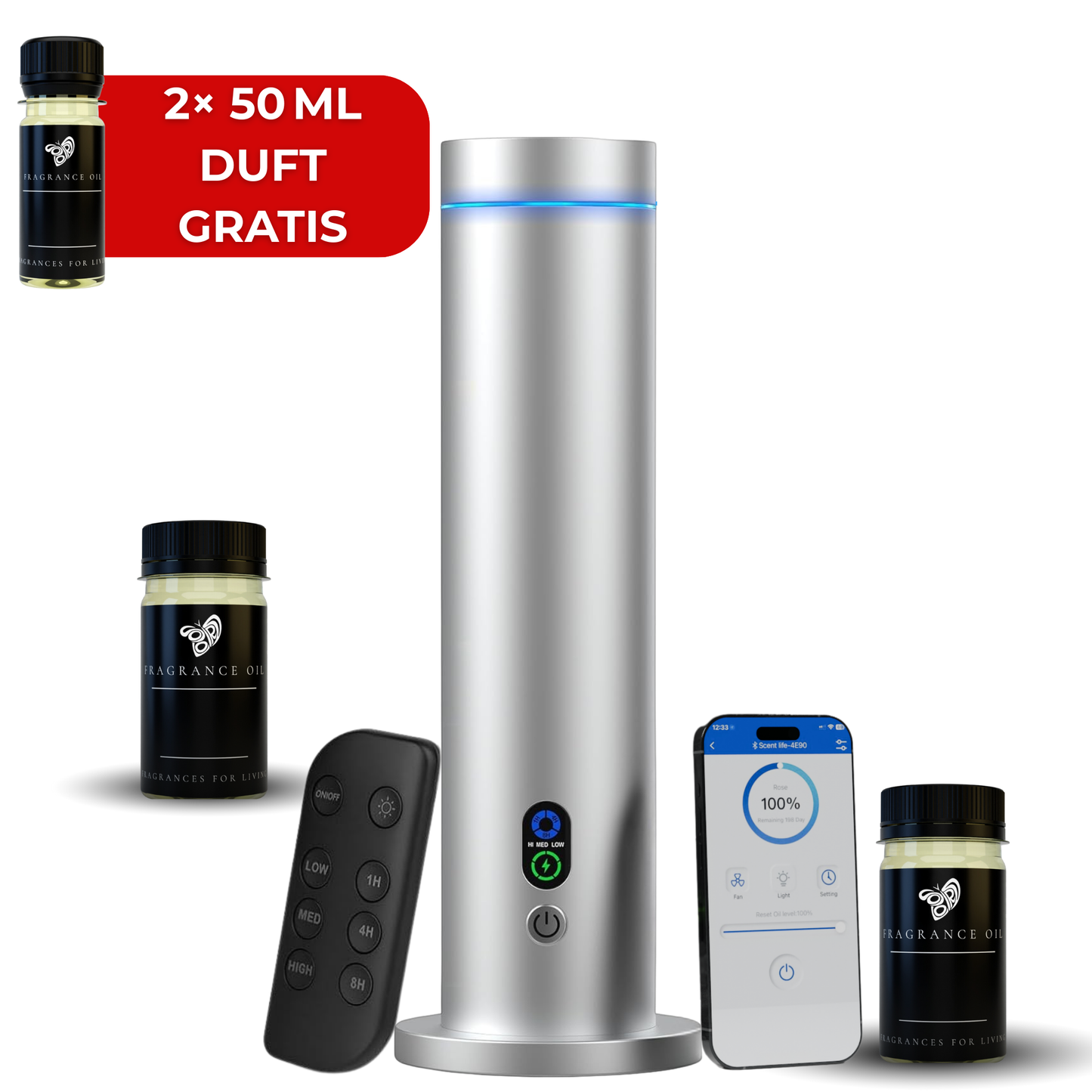 Aroma Diffuser wasserlos Wi-Fi CH124 Silber mit Fernbedienung und Duftölen